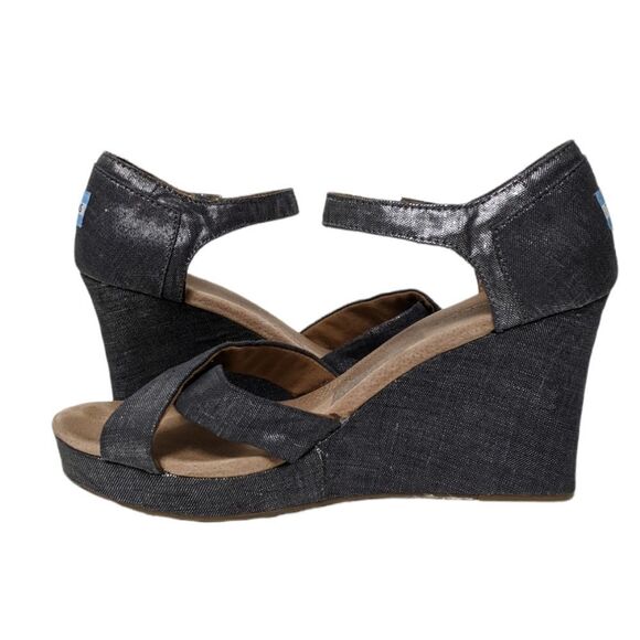 TOMS Metallic Denim Strappy Wedge Heels 12 - Picture 6 of 12